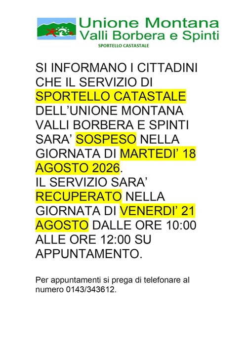 Sospensione servizio sportello catastale nella giornata di martedì 18 agosto 2026
