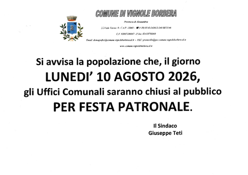 Avviso di chiusura uffici Comunali per Festa Patronale Lunedì 10 agosto 2026