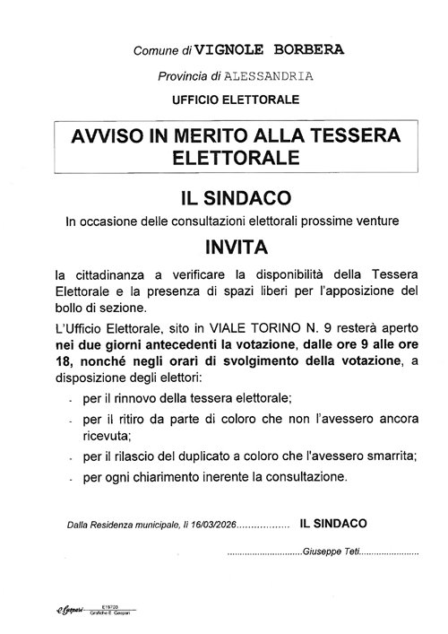 Avviso in merito alla TESSERA ELETTORALE
